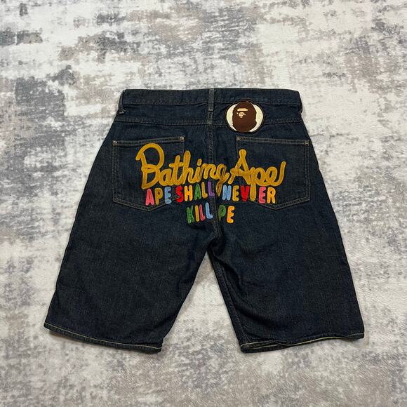 Authentic Bape 2000's Rainbow Champion Logo Denim Shorts Jorts 30 - Picture 1 of 5
